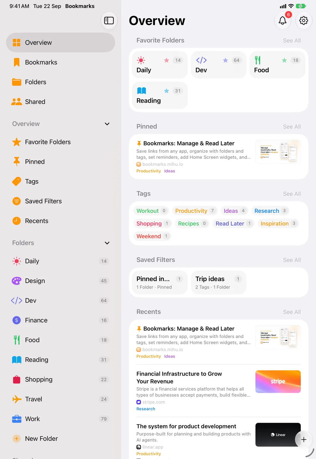 Bookmarks home screen on iPad, with a sidebar for folders, tags, and saved filters