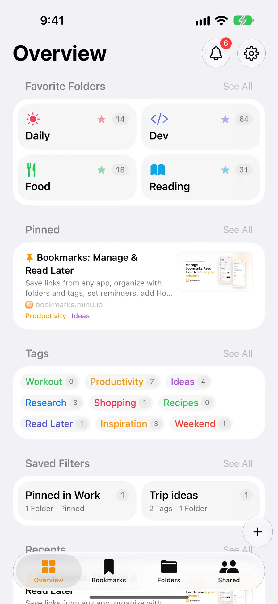 Bookmarks home screen on iPhone, with folders, pinned links, tags, and a tab bar
